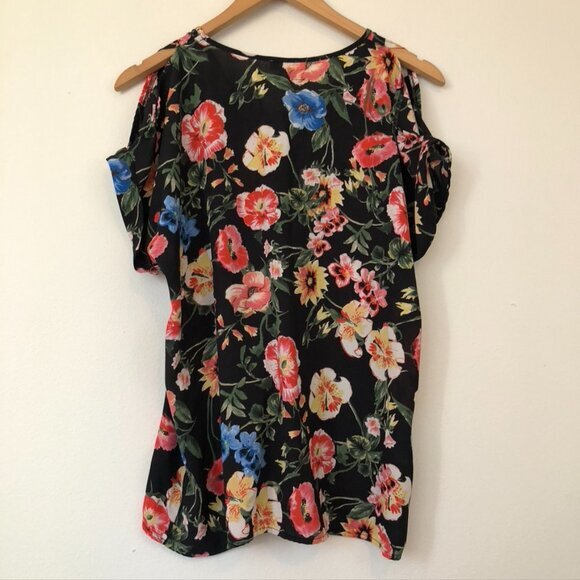 SPENSE Black Red Green Multi Floral Short Sleeve Cold Shoulder Blouse Top Small - Picture 7 of 8